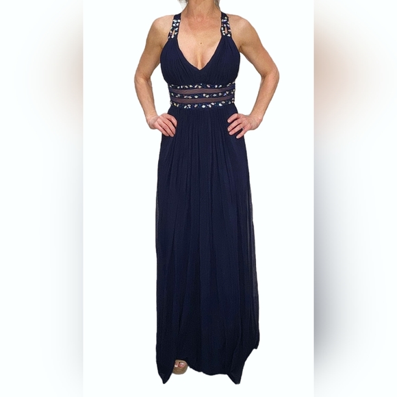 Navy Blue Gown Backless and Gem Embellishments Size 3/4 - Picture 3 of 10
